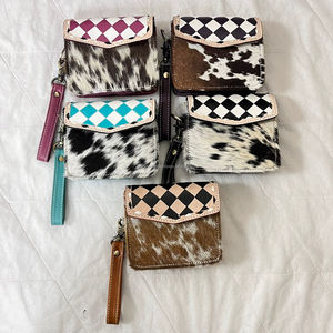 Western Handcrafted Genuine Cowhide Leather Coin Purse Turquoise & White Checkered Pattern Hair-on Leather Perfect for Women's - Product Image 5