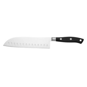 Cuchillos Santoku con mango negro, hoja plateada hueca y ancha con surcos, y agarre de triple remache para carne, pescado y verduras. - Product Image 1