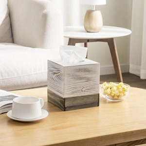 Boîte à mouchoirs carrée en bois bicolore blanchi à la chaux, style rustique, pour table de chevet – Distributeur de mouchoirs en bois vieilli blanc et marron - Product Image 4
