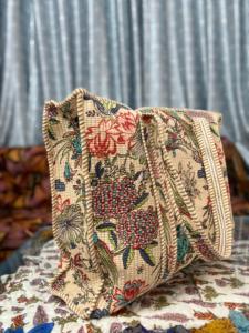 Beige Floral <b>Boho</b> Handmade Quilted Cotton Tote <b>Bag</b> Women Large Shoulder Handbag Reusable Market <b>Bag</b> Drawstring Closure - Product Image 3