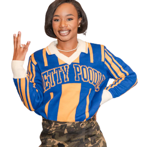 Sigma Gamma Rho Polo Sweater Women Blue Gold Knit Greek Letter Striped <b>Pullover</b> Premium Casual Stylish Top - Product Image 3