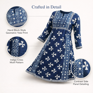ชุดเดรสผ้าฝ้ายอินดิโก้ทำมือคุณภาพระดับบูติก คอวีเล็ก แขนยาว ลายตัดกัน ชุดเดรสยาวปานกลางสำหรับผู้หญิง - Product Image 3