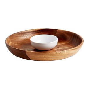 Plateau à copeaux et trempette en bois d'acacia avec bol en céramique Plateau de service en bois rond élégant pour les collations Plat de service moderne à trempette - Product Image 1