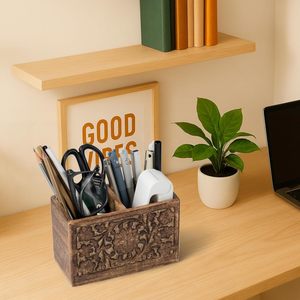 2 Slot <b>Rustic</b> Pencil Holder Pen Stand for <b>Desk</b> Organizer Handcarved Wooden Pen Holder for Desktop Table Wood Office Accessories - Product Image 2