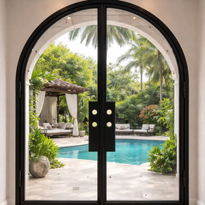 Puerta de Entrada Moderna de Doble Hoja Arqueada de Acero y Vidrio con Marco Negro Delgado – Puerta Exterior Contemporánea Personalizada, Hecha en Vietnam - Product Image 1