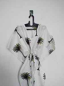 Robe Kaftan en Coton Imprimé Palmiers, Dentelle, Longueur Genou, Silhouette Trapèze, Coupe Ample, Légère, Style Indien, Idéale comme Cache-Maillot de Plage - Product Image 6