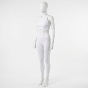 Women <b>White</b> Solid Front <b>Crop</b> Sports Bra Mid Waist <b>Leggings</b> Yoga Set Gym Fitness Workout Activewear - Product Image 2