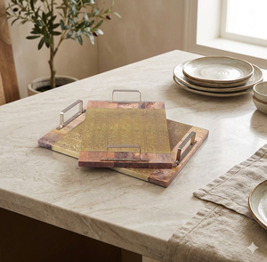 Handmade Eco Friendly Rustic Home Polished Multi-Function Serving <b>Tray</b> Rectangle Wood Inlay Metal Handles Custom Serving - Product Image 1