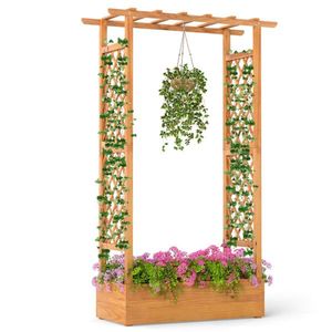 70\" Tall <b>Pine</b> Wood Raised Garden <b>Bed</b> with Flat Roof Trellis Open-Ended Base Planter for Climbing Vegetables & Plants - Product Image 1