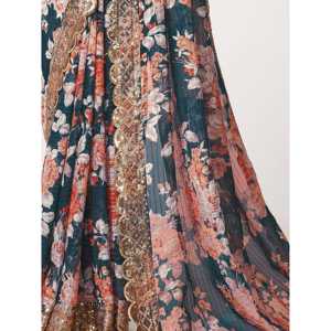 ชุดส่าหรีงานปาร์ตี้ผ้าออร์แกนซ่าพิมพ์ลายดอกไม้สีฟ้าโดฟ แบรนด์ Beautiful Zeel พร้อมเสื้อคลุม  แบบยังไม่เย็บติดกัน - Product Image 1