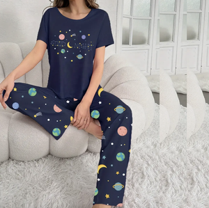Conjunto de Pijama de Verano para Mujer, 2 Piezas, Mezcla de Poliéster/Algodón, Estampado, Transpirable, de Secado Rápido, Antibacterial, Cuello Alto - Product Image 2