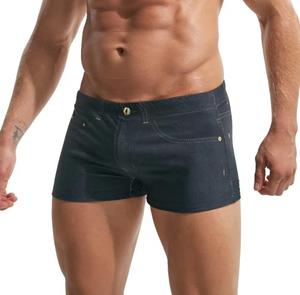 Shorts en jean pour homme, taille haute, couleur unie, coton, décontracté, respirant, style tissé, fermeture à cordon, logo avant, extensible - Product Image 3