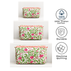 Premium Pink & Green Floral Jaipur Block Print Quilted Cotton Zip Closure Cosmetic <b>Bag</b> Set Of 3 Eco-friendly Durable Daily Use - Product Image 2