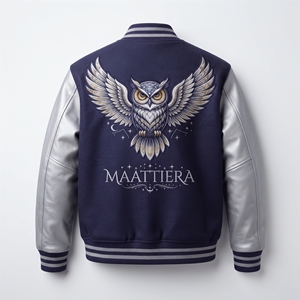 Mens Navy Owl Embroidered Bomber <b>Jacket</b> <b>Silver</b> Leather Sleeves Custom Streetwear Fashion <b>Jacket</b> - Product Image 4