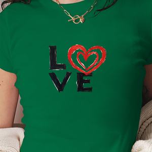 Camiseta corta con cuello redondo estilo Y2K Heart LOVE para mujer, tela de punto de LICRA/poliéster ajustada con patrón impreso - Product Image 3