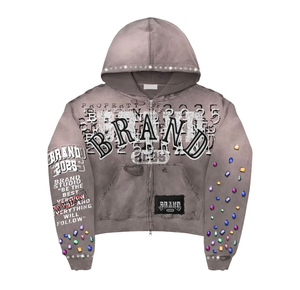 Sweat à capuche court zippé BRAND, coupe oversize, strass, streetwear unisexe, gris, motif imprimé 2025 - Product Image 2