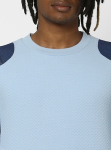 Sweat-shirt à col rond bleu clair pour homme, coupe classique, tricoté, 100% coton, pull décontracté, couleur unie, automne - Product Image 5