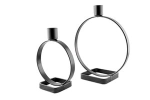 Modern Black Metal Candle Holder Set of 2 <b>Large</b> Round Circle Candle Holders with Tall Taper Candle Cups Decorative Iron Ring - Product Image 2