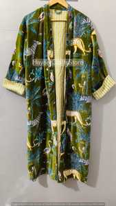 Robe kimono en velours vert à imprimé animal, veste à manches longues, vêtements pour femmes été hiver printemps, 100% velours de coton - Product Image 2