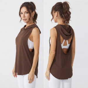 เสื้อกล้ามมีฮู้ดสำหรับออกกำลังกาย เสื้อโยคะโพลีเอสเตอร์แบบสั่งทำสำหรับผู้หญิง เสื้อทรงหลวมแบบสตริงเกอร์ เสื้อกีฬาผู้หญิงสไตล์สตรีทแฟชั่น เสื้อกล้ามทรงเวสต์ - Product Image 3