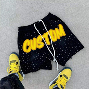 Pantalones Cortos Deportivos de Lona Desgastada para Hombre, con Logotipo Personalizado Bordado, Pedrería, Lavado Ácido, Estilo Vintage, Casual y Ecológico - Product Image 2