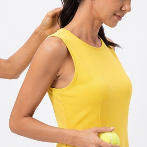<b>Women</b> <b>Yellow</b> Sleeveless Tennis <b>Dress</b> Round Neck Fitted Moisture Wicking Solid Color With Pockets Summer Sport Wear - Product Image 6