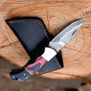 Couteau de chasse en acier Damas à pointe tombante avec manche en Micarta, épaisseur 0,6 mm, bord biseauté, pour survie, couteau pliant. - Product Image 6