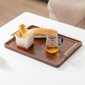 Modern Carbonize <b>Black</b> Rectangular Bamboo Wooden Decorative Serving <b>Tray</b> with Metal Handle for Party - Product Image 1