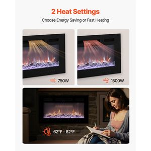 30-Inch Modern Electric Fireplace Wall Mounted Recessed 1500W Adjustable Flame Brightness Remote Control with <b>Timer</b> AU <b>Plug</b> - Product Image 4