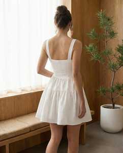 Robe longue en lin à col carré, dos ouvert, fente haute, élégante, pour la plage et les vacances, tenue de plage pour femme - Product Image 1