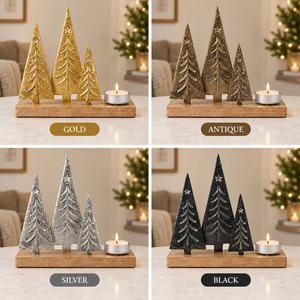 Plateau en bois rustique avec trois sapins de Noël argentés et porte-bougie chauffe-plat, décoration festive pour centre de table de Noël - Product Image 3