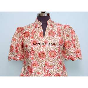 Robe midi florale en coton 100% écologique pour femmes Kangura, col en V, manches courtes, décoration boutonnée, robe de bureau pour femmes, été - Product Image 2