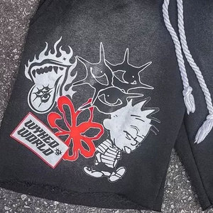 OEM Custom Heavyweight Acid Wash Cotton Drawstring Rhinestones Double Waist Shorts Streetwear Printed Men Summer Shorts - Product Image 4