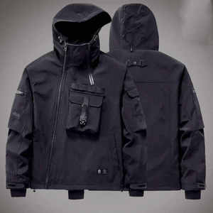เสื้อแจ็คเก็ตเทคแวร์ผู้ชาย สไตล์แทคติคอล สตรีทแวร์ กันลม กันน้ำ มีฮู้ด ไซเบอร์พังก์ คาร์โก้ อุทิลิตี้ เสื้อคลุมอเนกประสงค์ สไตล์คนเมือง - Product Image 1
