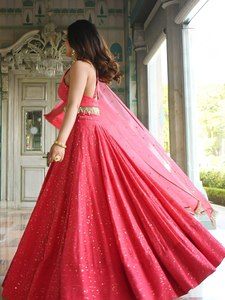Pink Embroidered Lehenga Choli With Gold <b>Sequins</b> And Halter Neckline For Wedding Occasion - Product Image 3
