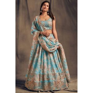 ORGANZA DE DISEÑADOR CON IMPRESIÓN DIGITAL BORDADO SECUENCIA TRABAJO LEHENGA CHOLI CON DUPATTA SKY - Product Image 1