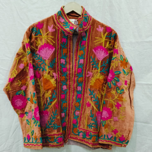 Brown Velvet Embroidery Bomber Jacket | Pink Floral Needle <b>Work</b> <b>Stand</b> Collar Women Casual Wear Handmade Masterpiece Outerwear - Product Image 1
