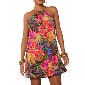Vestidos Halter con Estampado Tropical para Mujer, Vestido Mini sin Mangas para Vacaciones de Verano - Product Image 1