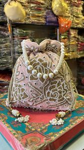 Custom Name Personalized Silk Potli Bag Golden Zardosi Ruby Stone Work Women <b>Wedding</b> Drawstring Purse Ethnic <b>Handbag</b> Boutique - Product Image 4