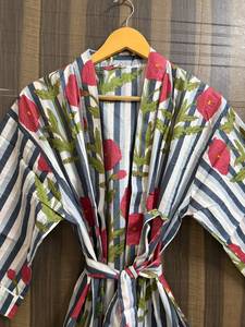 Bata Kimono de Algodón Estampado Floral a Rayas con Cuello en V y Cierre de Cordón, Transpirable, Ligera, para Mujer, Ropa de Estar por Casa, para Damas de Honor - Product Image 3