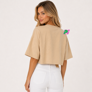 Camiseta Corta Beige para Mujer, con Estampado de Letras Personalizado, Cuello Redondo, Manga Corta, Corte Holgado, Informal, Primavera Verano, 100% Algodón Jersey - Product Image 3