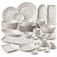 Service de vaisselle en mélamine effet nacré avec assiettes rondes, plat rectangulaire, tasses à thé et plat de service compartimenté pour l'hôtellerie