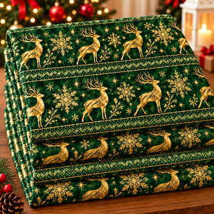 Tissu en coton métallisé tissé à motif renne et flocon de neige vert pour la couture de Noël - Product Image 1