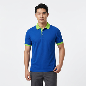 Polo pour homme bleu uni avec col et poignets verts, manches courtes, style décontracté en tricot - Product Image 5