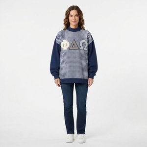 Sweat-shirt à col roulé pour femme, brodé de lettres grecques, coupe classique, en coton tricoté, style automne avec col à carreaux - Product Image 5