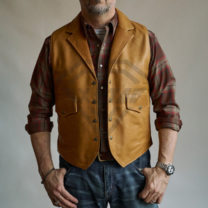 Gilet en cuir véritable marron de qualité supérieure pour homme - Gilet de style western classique avec boutons-pression, prix abordable, gilet en cuir personnalisé OEM - Product Image 3