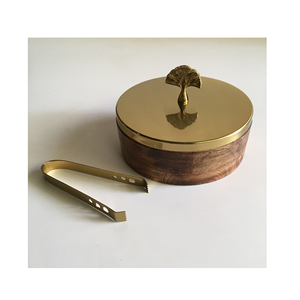 Natural polished wood roti pot with brass lid and knob made and <b>tong</b> while <b>serving</b> chapatis hot sale - Product Image 1