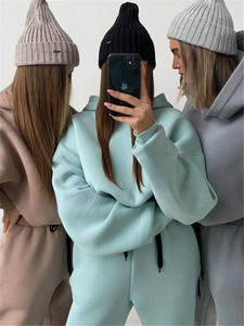 Women Hooded Solid <b>Tracksuit</b> Set Full Length Loose Fit Casual Autumn Wear 100% Cotton With Side Pockets Elastic Waist - Product Image 3