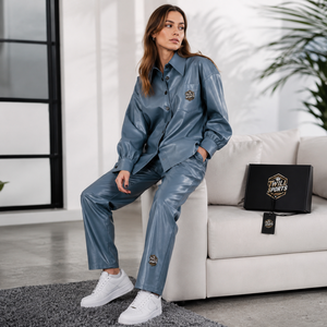 Twill Sports Custom Newest Design 2-Piece Women's Clothes Pu Leather Sporty Full Sleeves Button Front Ladies Pu Tracksuit Sets - Product Image 2