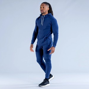 Sweat à capuche personnalisé avec logo, grande taille, vente en gros, pour hommes, en molleton extensible bleu uni, mélange de coton, pour la gym et l'entraînement - Product Image 5